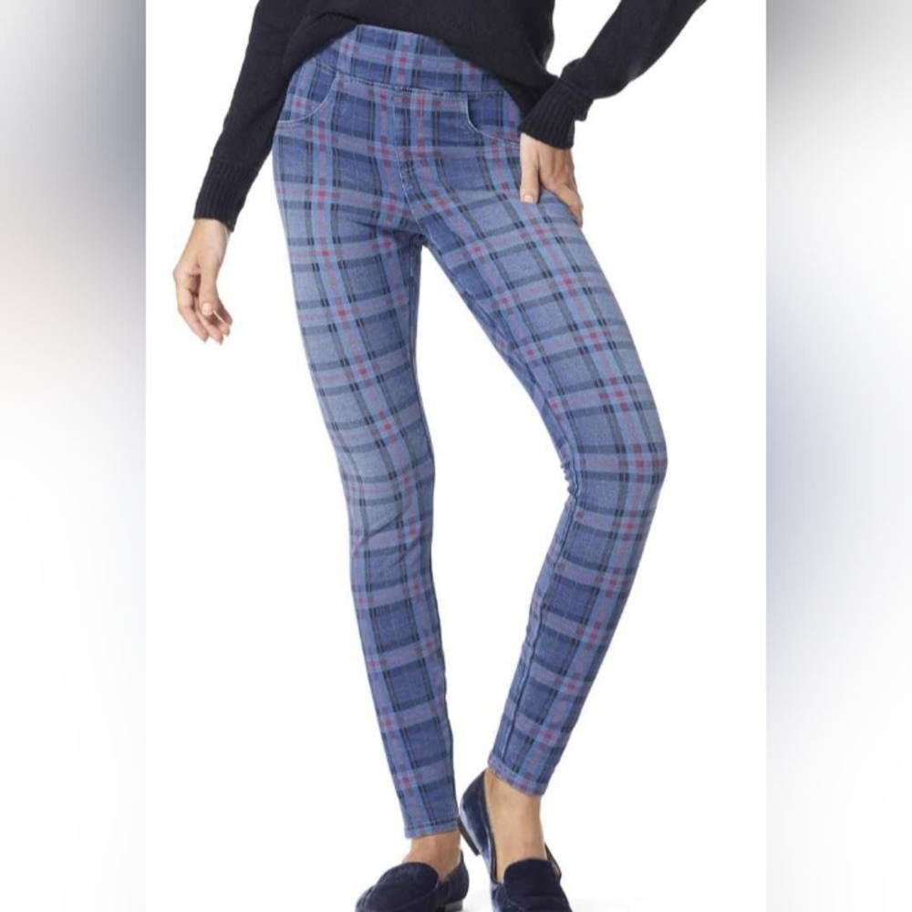 HUE Blue Plaid Leggings for Women. Cotton Denim Look. Jeggings. Stretchy